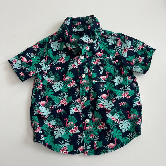 Janie & Jack Collared Hawaiian Shirt navy blue green leaf monstera pink flamingo - Picture 1 of 4